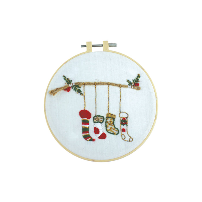 DIY Christmas Embroidery Hoop Kit- Four Christmas Stockings 16.3cm